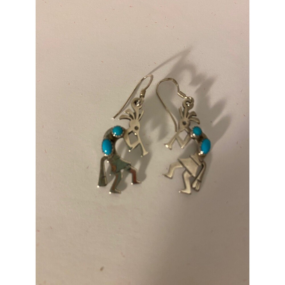 Sterling Silver Dangling Kokopelli Earrings w/ Blue Turquoise Cabochon